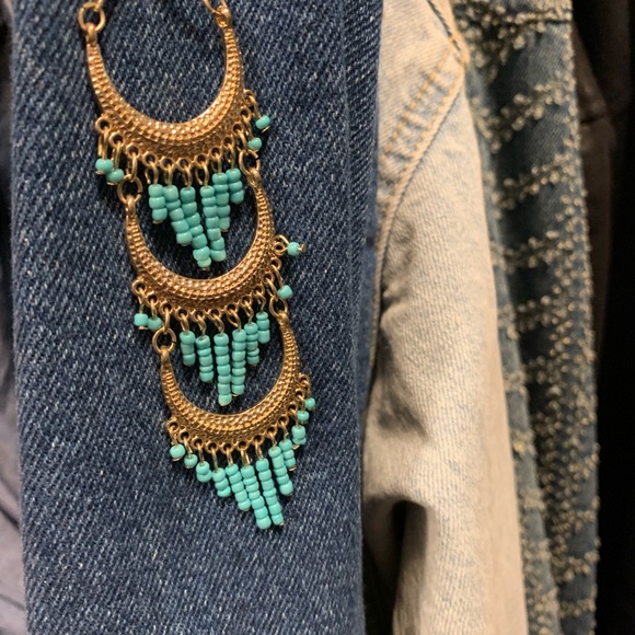 Long gold and turquoise statement earrings. - Picture 3 of 3